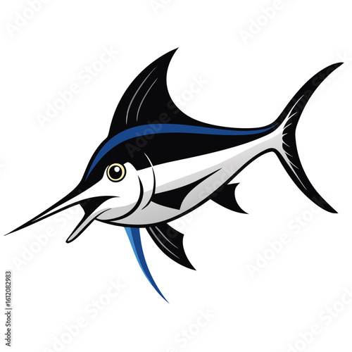 Black swordfish silhouette with blue accent on white background 1