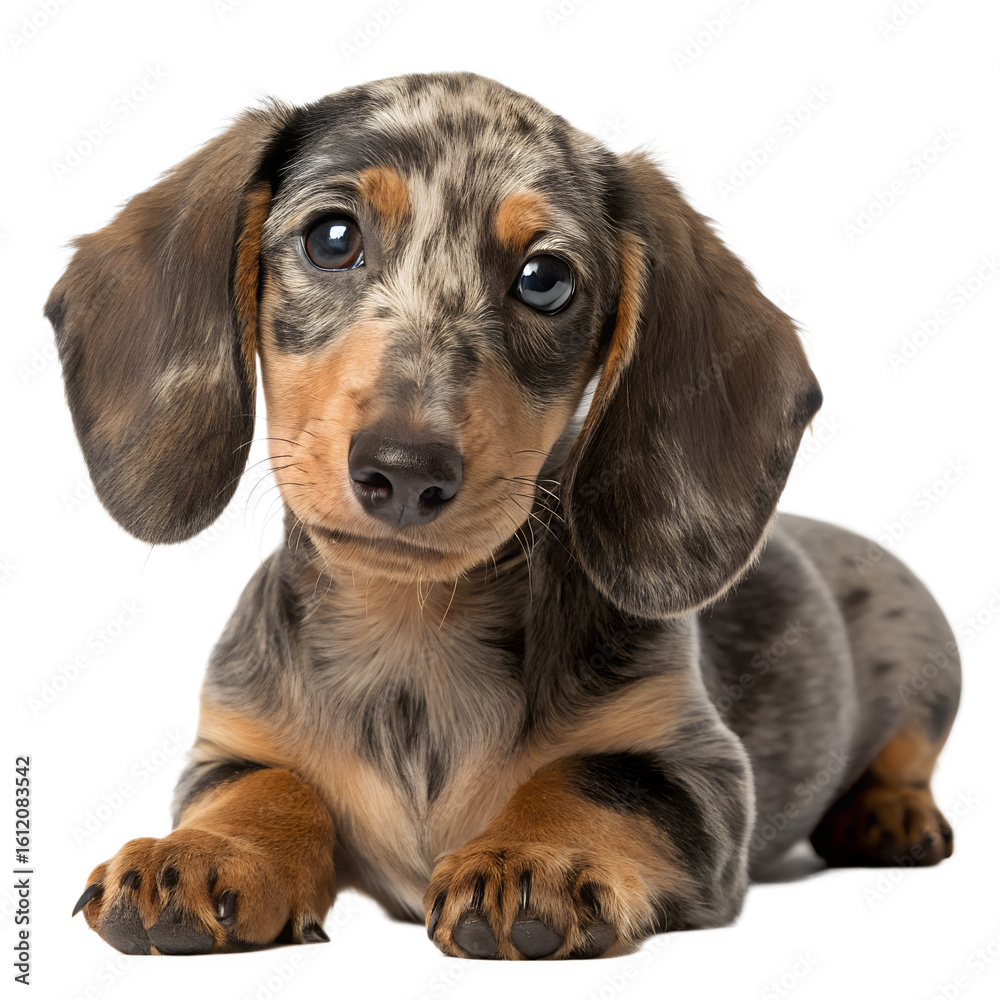Dachshund puppy with merle coat isolated on transparent background Dachshund puppy with merle coat isolated on transparent background