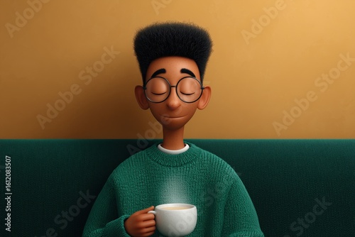 Animated young african male with glasses relaxing with coffee cup on couch