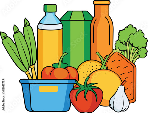 Cartoon Groceries Still Life Illustration on Transparent Background