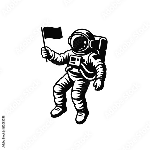 Astronaut silhouette holding a flag isolated on white background