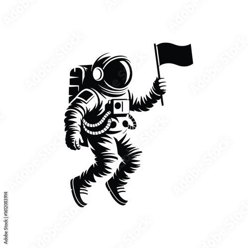Astronaut holding a flag silhouette isolated on white background