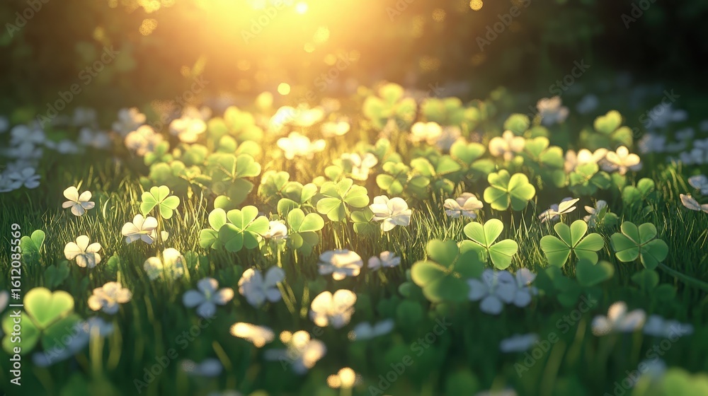 Fototapeta premium Sunlit Clover Field with Delicate White Flowers and Green Leaves