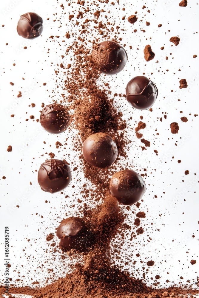 Obraz premium exploding chocolate truffles with cocoa powder splash, isolated on white background