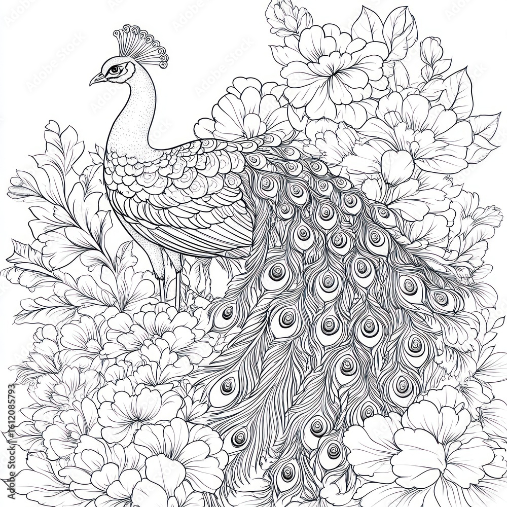 Fototapeta premium Ornamental peacock design amidst flowers, coloring book