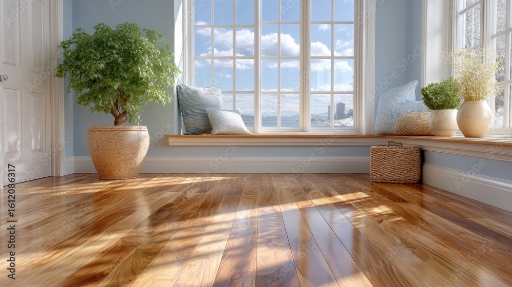 Fototapeta premium Gleaming hardwood floor with golden afternoon reflection