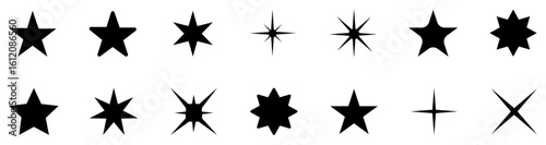 Star icons collection on white background. Star vector icons set. White stars different shapes in black color. Simple vector stars for signage. Stylish decorative star collection