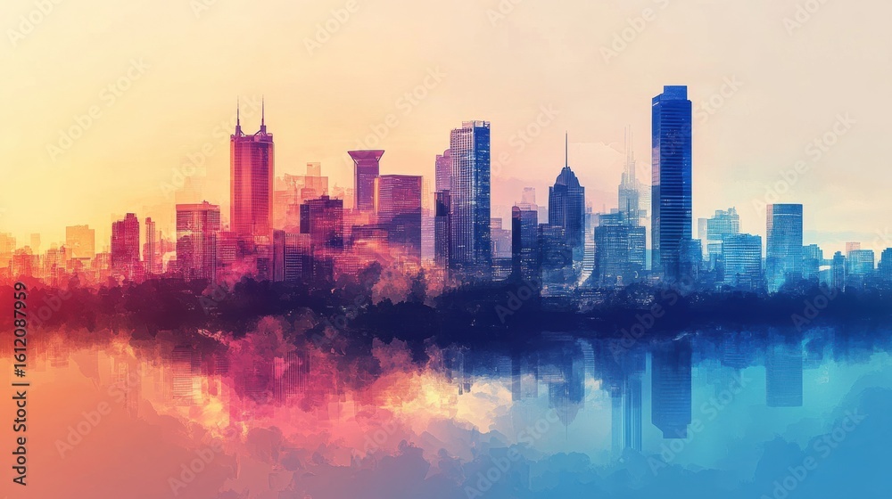 Fototapeta premium Futuristic city skyline with digital effects