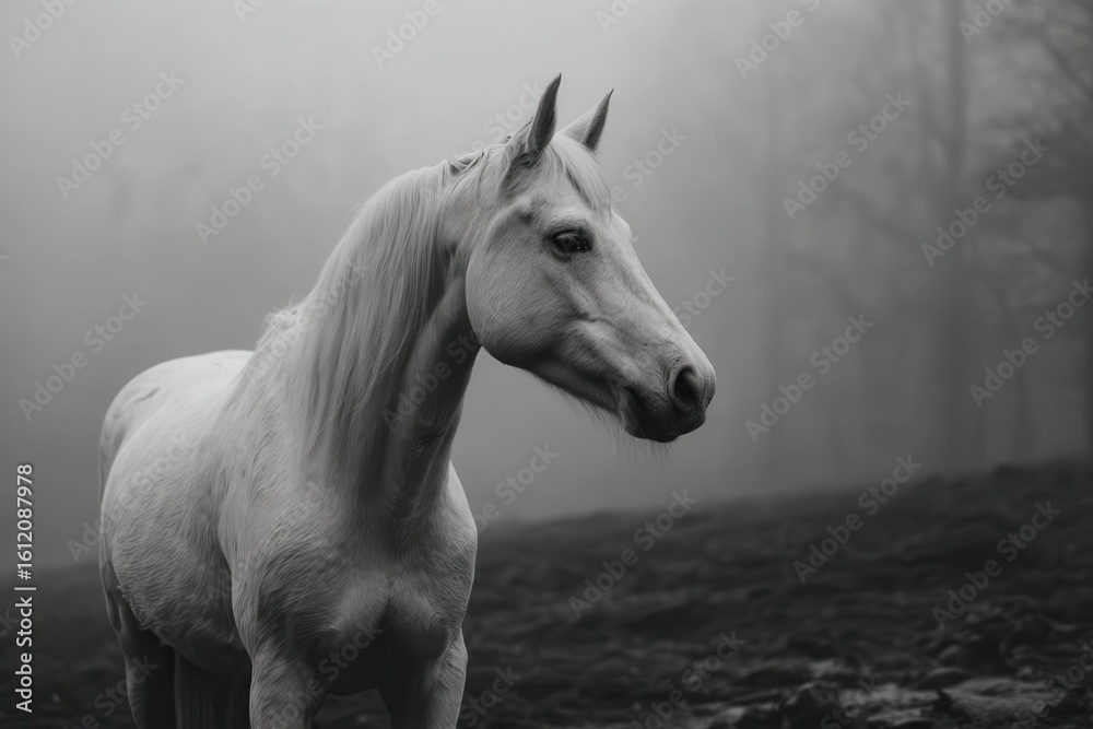 Obraz premium Majestic Andalusian horse standing gracefully in a misty forest during early morning hours, exuding elegance and strength amidst the ethereal atmosphere