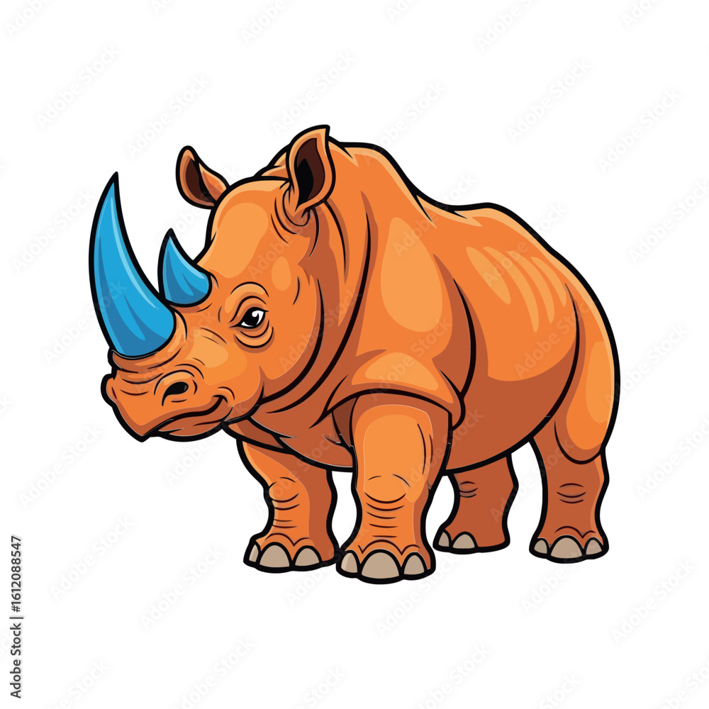 Fototapeta premium Adorable Orange Rhino Cartoon Vector Sticker with Blue Horn and Friendly Expression