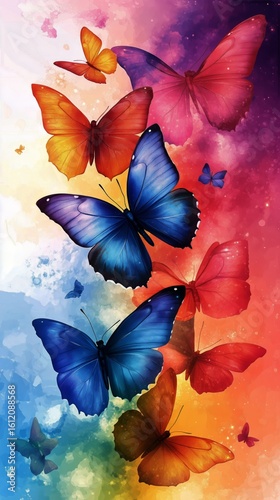 Colorful Butterflies Fluttering Against an Artistic Background With Vibrant H...