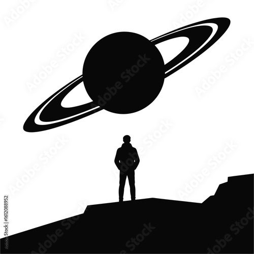 Silhouette of a person looking at saturn in space isolated on white background silhouette