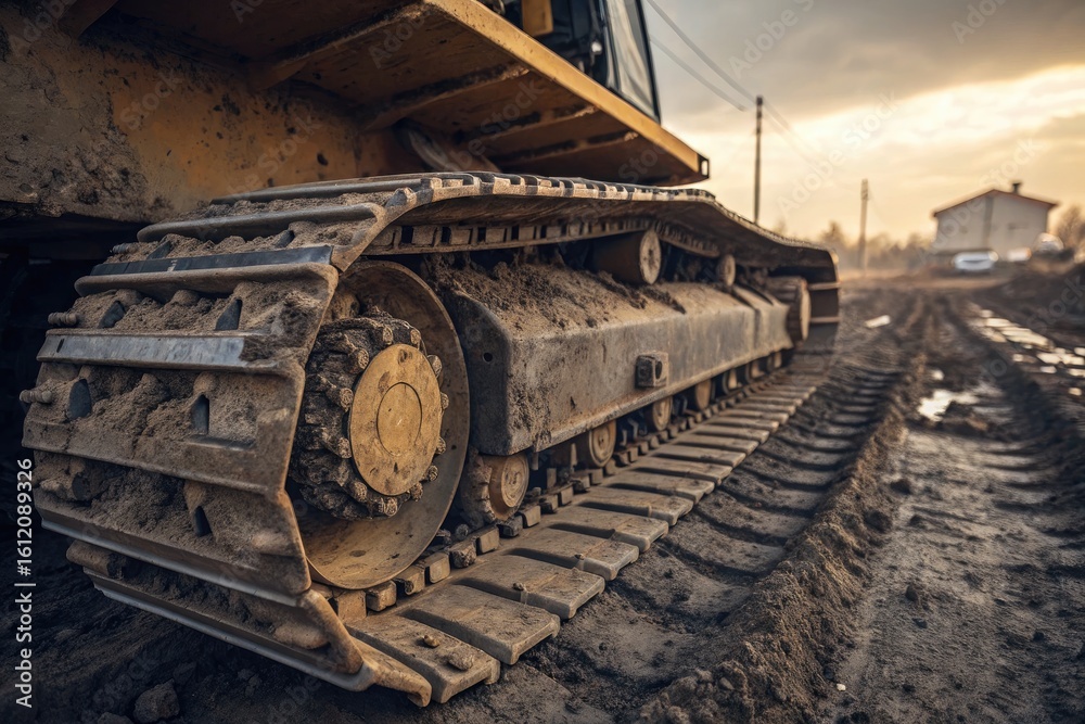 Construction Equipment Tracks in Action During Sunset on a Rural Site Construction Equipment Tracks in Action During Sunset on a Rural Site
