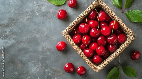Fresh Red Cherries in a Rustic Wooden Basket on Dark Stone Surface.