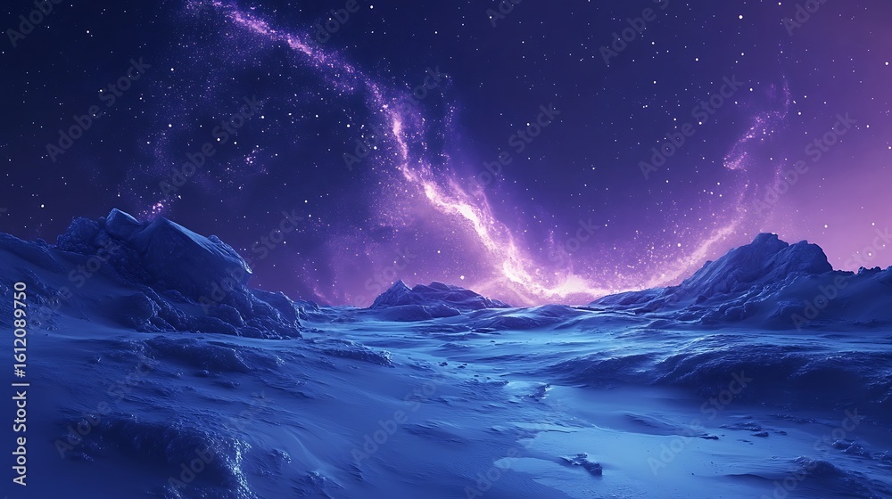 Fototapeta premium Frozen tundra glowing under waves of aurora borealis, high contrast night sky 