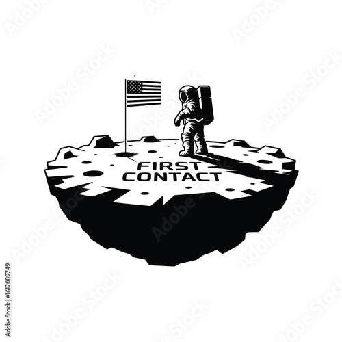 Astronaut planting flag on moon surface first contact silhouette isolated on white background