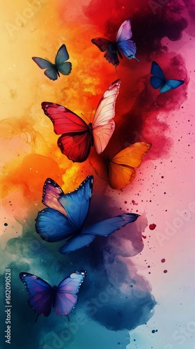 Colorful Butterflies Fluttering Against an Artistic Background With Vibrant H...