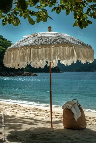 Relaxing Beach Scene With a Decorative Umbrella and a Basket on the Sandy Shore