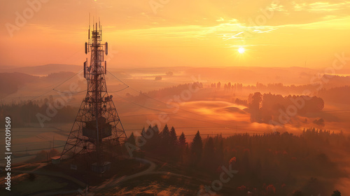 radio transmitter tower at sunset