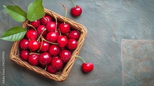 Fresh Red Cherries in a Rustic Wooden Basket on Dark Stone Surface