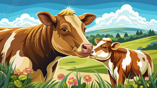 very Beautiful  close up Tender moment between a cow and her calf in a field. white background 