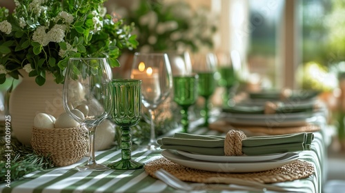 Elegant Dining Table Arrangement With Greenery and Soft Lighting in Bright Se...