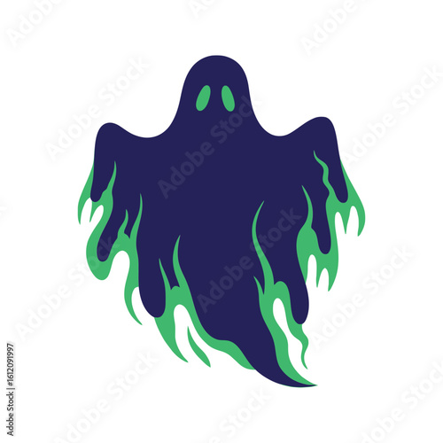 Spooky Ghost with Green Fiery Flames Emerging from the Bottom Halloween Vector Sticker Design