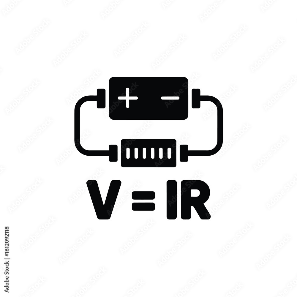 Electrical circuit diagram with ohm s law formula silhouette isolated on white background Electrical circuit diagram with ohm s law formula silhouette isolated on white background