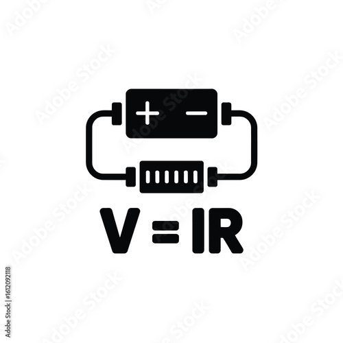 Electrical circuit diagram with ohm s law formula silhouette isolated on white background