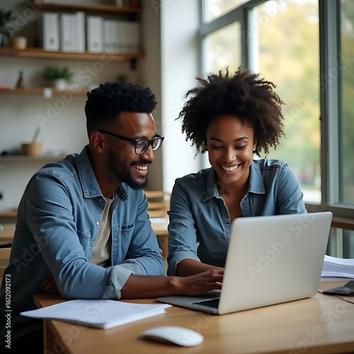 A smiling black man and woman collaborate on a laptop at a wooden desk working together in a bright modern office with bookshelves and a large window