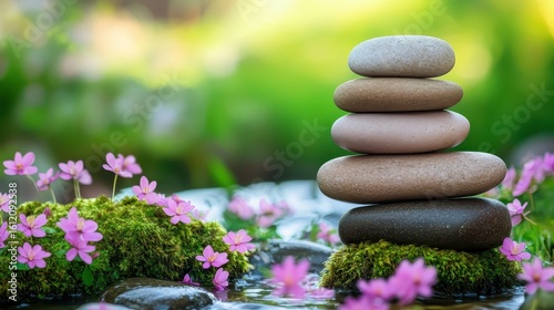 Tranquil Balance with Stacked Stones and Delicate Pink Flowers