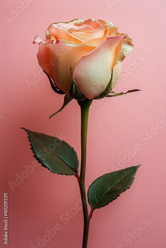 Beautiful Peach Rose With Delicate Petals on Soft Pink Background.