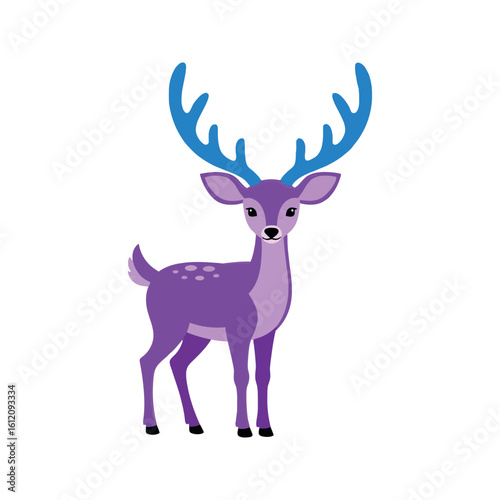 A Whimsical Purple Deer with Striking Blue Antlers in a Vector Sticker Style