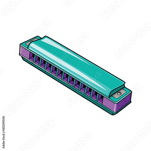 Turquoise and Purple Harmonica Musical Instrument Vector Sticker Illustration Graphic Design Element