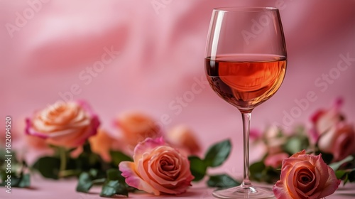 Elegant Glass of Rose Wine Alongside Blooming Roses on Soft Pink Backdrop Dur...