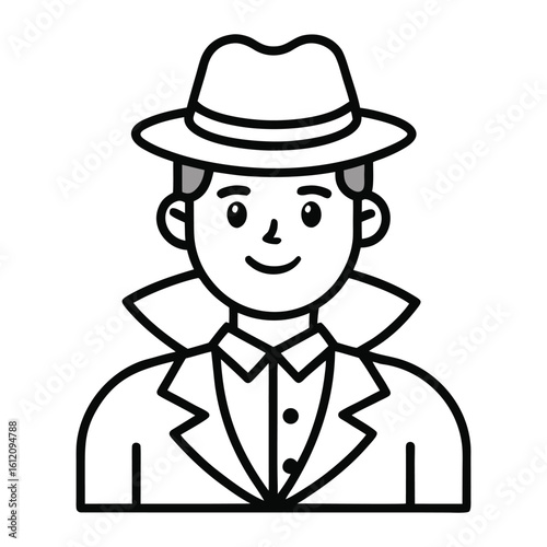 Detective Character Icon in Trench Coat and Hat Line Art