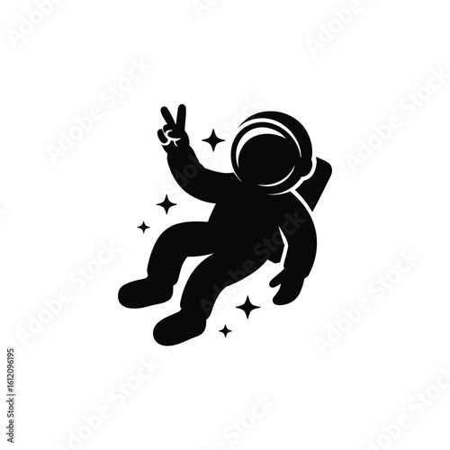 Astronaut making peace sign in space silhouette isolated on white background