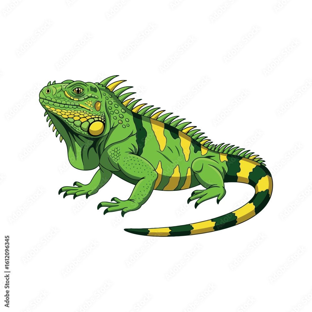Obraz premium Vibrant Green Iguana Reptile with Yellow Stripes and Spiky Crest Vector Sticker Design