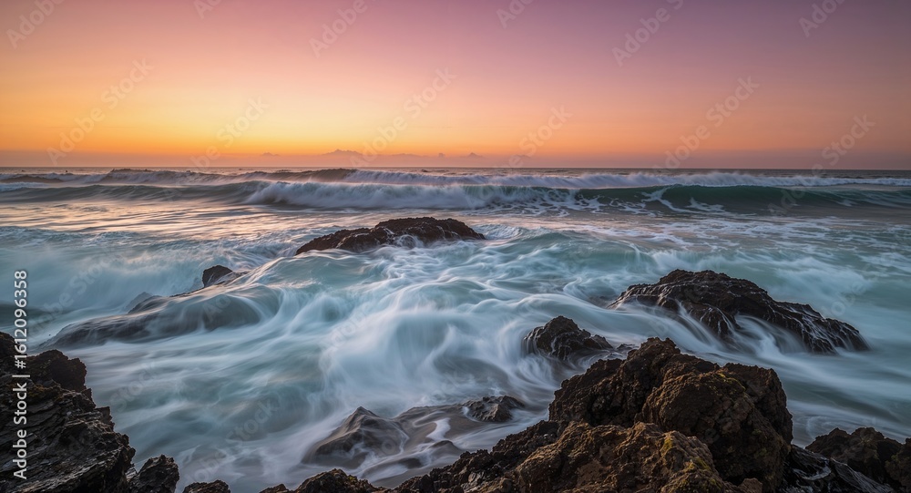 Ocean waves crashing against rocks during a colorful sunset with a pink and orange sky above Ocean waves crashing against rocks during a colorful sunset with a pink and orange sky above