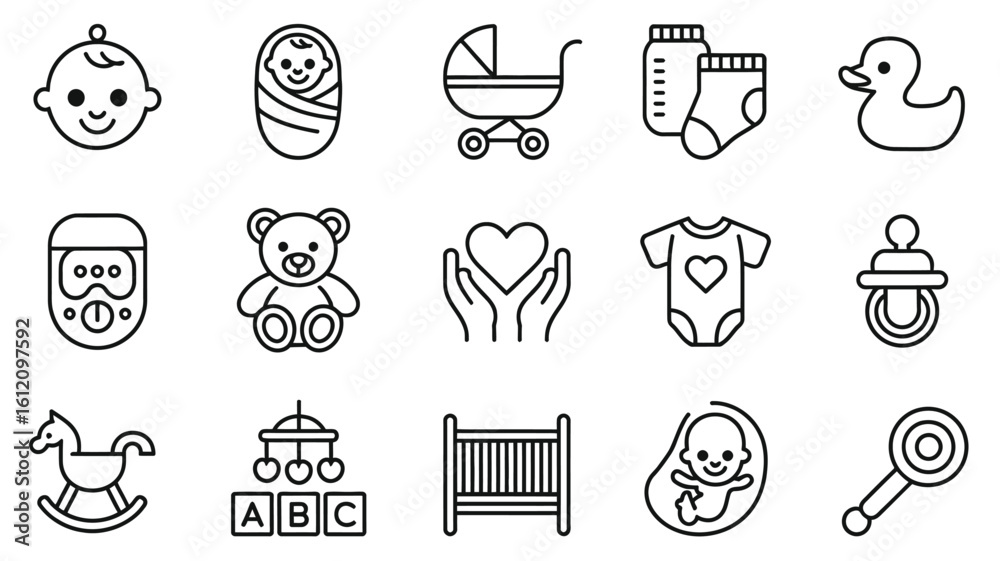 Fototapeta premium Baby items icons including baby face teddy bear and crib infant child