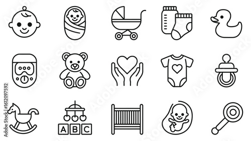Baby items icons including baby face teddy bear and crib infant child