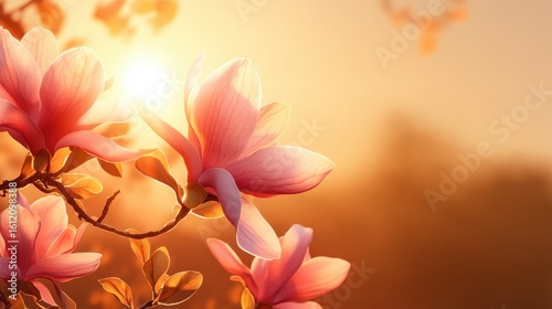 Soft Pink Magnolia Blossoms in Warm Sunset Glow Over Nature Scene