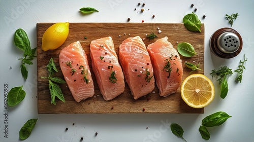 Fresh Salmon Fillets Arranged on a Wooden Cutting Board With Herbs and Lemon ...