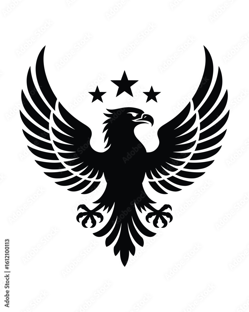 Obraz premium Black eagle with outstretched wings and stars heraldic