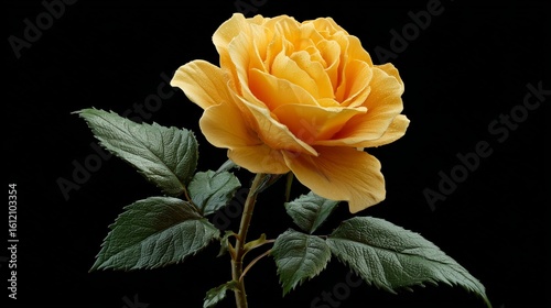 Fototapeta Naklejka Na Ścianę i Meble -  royal yellow rose in full bloom with velvet petals and green leaves on black background