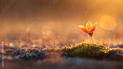 Vibrant Flower Blooms at Dawn with Dew on Mossy Ground