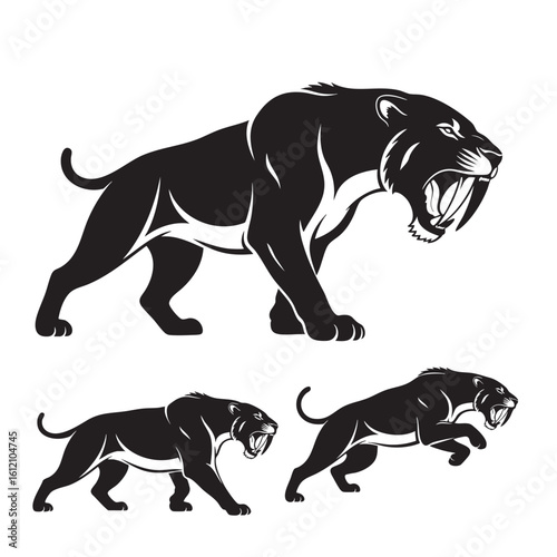 Set of 3 Saber Toothed Cat Silhouettes as a Prehistoric Predator