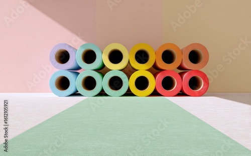 Colorful spools of thread in a minimalist setting