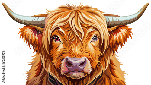 very Beautiful  close up Wrendale Highland cow water colour. white background 