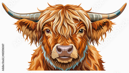 very Beautiful  close up Wrendale Highland cow water colour. white background 